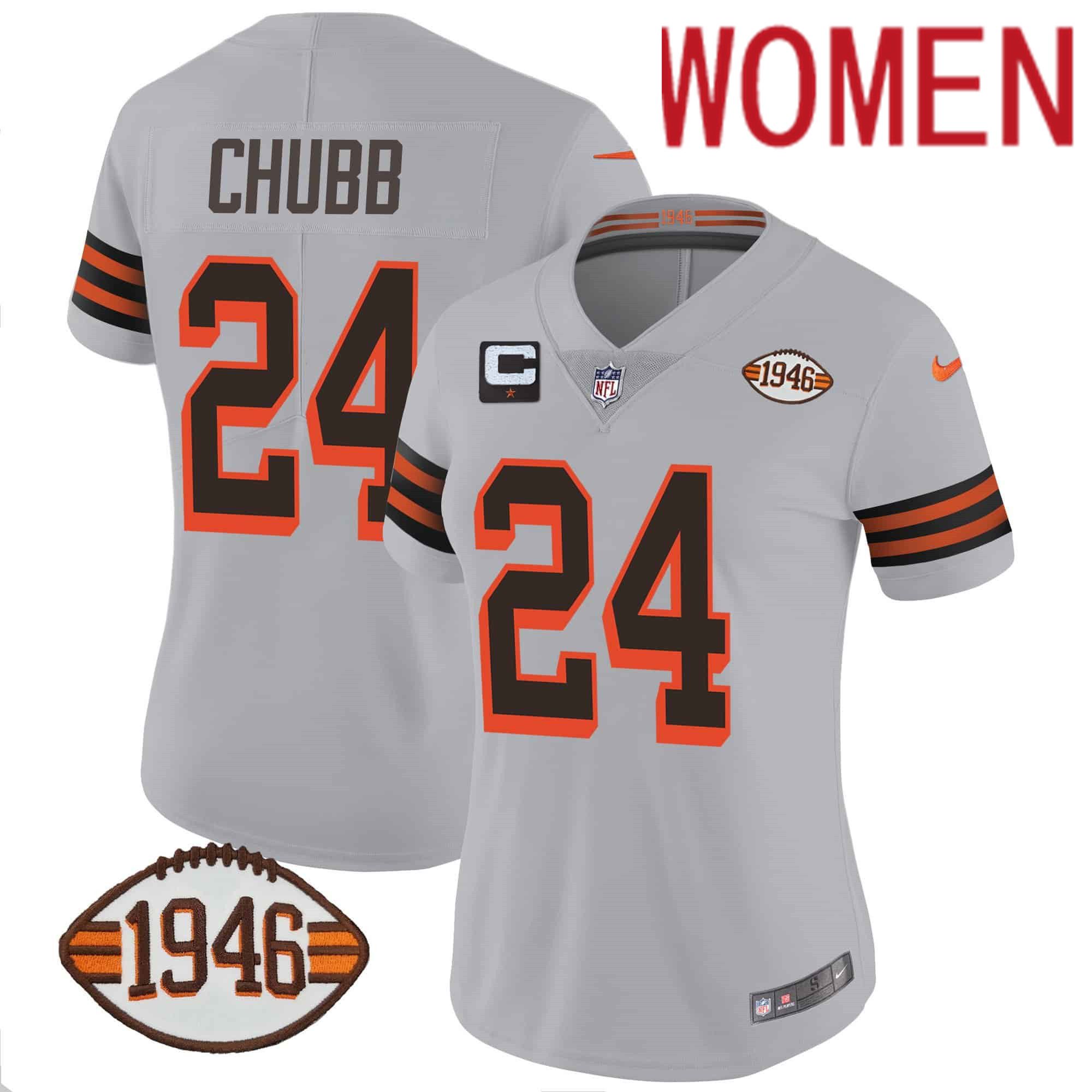 Women Cleveland Browns #24 Chubb Grey 1946 75th Anniversary Patch 2024 Nike NFL Jersey->women nfl jersey->Women Jersey